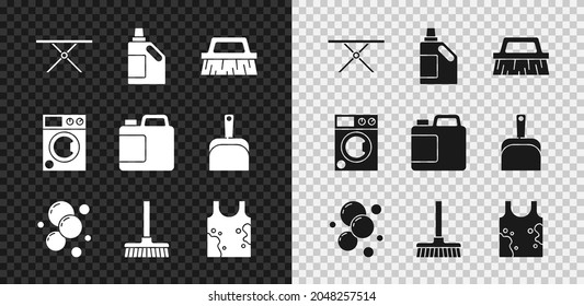 Set Ironing board, Bottle for cleaning agent, Brush, Soap water bubbles, Handle broom, Dirty t-shirt, Washer and  icon. Vector