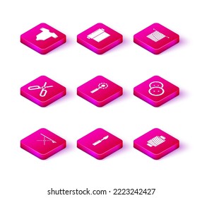 Fijar tablero de planchar, herramienta Cutter, tijeras, bobina de hilo de coser, botón para ropa, Tejido y rollo de tela textil. Vector