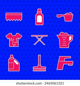 Set Ironing board, Handle broom, Water tap, Washing powder, Bottle for cleaning agent, Dirty t-shirt,  and Sponge icon. Vector