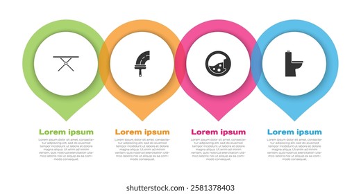 Set Ironing board, Rubber cleaner for windows, Washer and Toilet bowl. Business infographic template. Vector