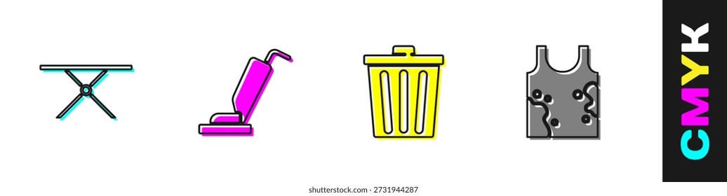 Set Tabla de planchar, Aspirador, Papelera e icono de camiseta sucia. Vector