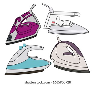 Set of irons isolated on white background. Electrical equipment, electrical utensils for ironing, household device, domestic tool.