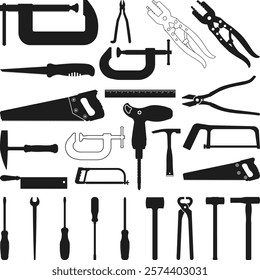 Set Ironworker Tools Vector Silhouette, Ironworker Tools Bundle, Hand Tools Set Illustration file