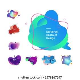 Set of irregular abstract shapes. Colorful dynamic figures with sample text. Trendy minimal templates for presentations, banners, flyers and posters. Vector illustration