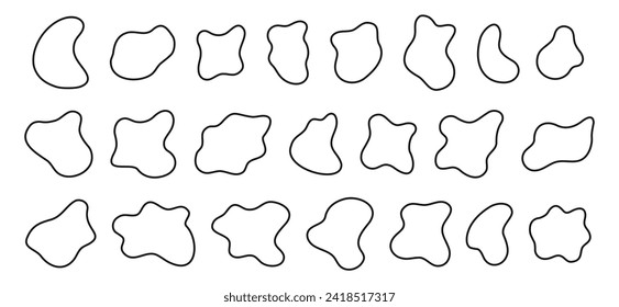Set of irregular amorphous shapes, uneven blots, asymmetric blobs, liquid ink spots, distorted blotches textures isolated on white background. Trendy amoeba figures. Vector outline illustration