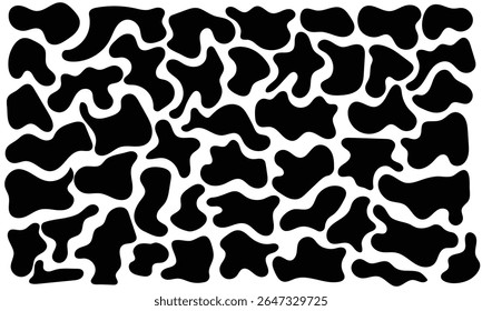 Set of irregular blobs. Black random liquid organic shapes. Wavy deform spots, fluid circle or simple amoeba blob. Abstract forms isolated on white background. Asymmetric blotches, amorphous elements 