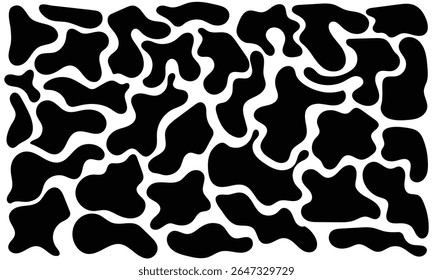 Set of irregular blobs. Black random liquid organic shapes. Wavy deform spots, fluid circle or simple amoeba blob. Abstract forms isolated on white background. Asymmetric blotches, amorphous elements 