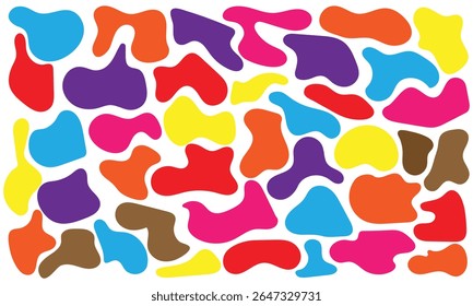 Set of irregular blobs. Black random liquid organic shapes. Wavy deform spots, fluid circle or simple amoeba blob. Abstract forms isolated on white background. Asymmetric blotches, amorphous elements 