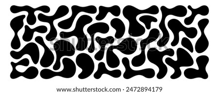 Set of irregular blobs. Black random liquid organic shapes. Wavy deform spots, fluid circle or simple amoeba blob. Abstract forms isolated on white background. Asymmetric blotches, amorphous elements.