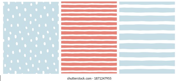 Set of Irregular Geometric Seamless Vector Patterns. White Hand Drawn Spots and Stripes Isoleted on a Pastel Blue and Pale Red Background. Simple Repeatable Print ideal for Fabric, Textile.