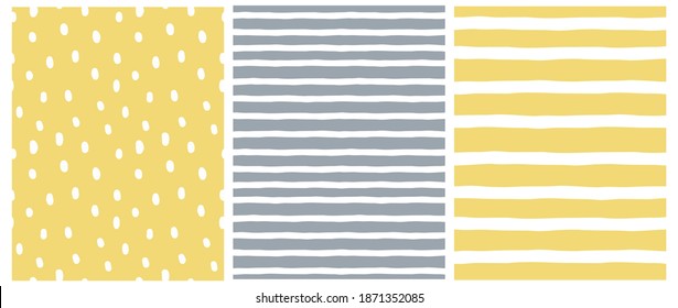 Set of Irregular Geometric Seamless Vector Patterns. White Hand Drawn Spots and Stripes Isoleted on a Ultimate Gray and Illuminating Yellow Background. Simple Repeatable Print ideal for Fabric.