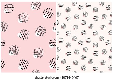 Set of Irregular Geometric Seamless Vector Patterns. White Hand Drawn Dots, Black Gingham and Stripes Isoleted on a Light Beige and Pastel Pink Background. Simple Repeatable Print ideal for Fabric.