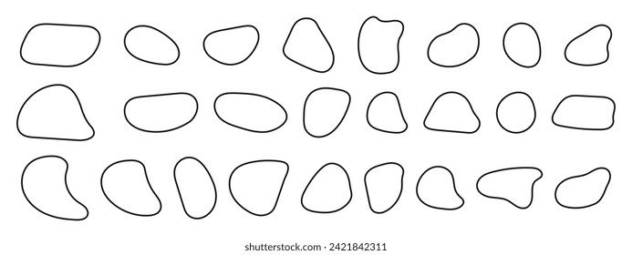 Set of irregular organic forms, pebble stone shapes, deformated blobs, liquid ink spots, distorted bubbles textures isolated on white background. Trendy asymmetric figures. Vector graphic illustration