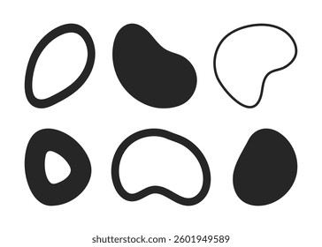 Set of irregular organic shapes, silhouette and line, asymmetrical blobs and outlines, abstract deformed figures vector illustration