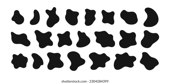 Set of irregular shapes, organic blobs, liquid ink spots, distorted bubbles textures isolated on white background. Trendy asymmetric figures. Vector graphic elements illustration 