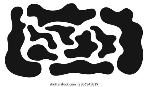 Set of irregular shapes, organic blobs, liquid spots, fluid splodges, distorted bubbles textures isolated on white background. Collection of asymmetric figures. Vector graphic illustration 