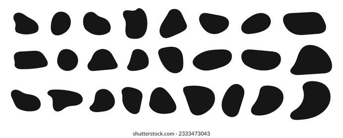 Set of irregular shapes, organic blobs, liquid stains, ink splodges, distorted bubbles textures isolated on white background. Trendy uneven asymmetric figures. Vector graphic elements illustration