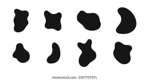 Set of irregular shapes, organic blobs, liquid ink spots, distorted bubbles textures isolated on white background. Trendy asymmetric figures. Vector graphic elements illustration