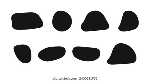 Set of irregular shapes, organic blobs, liquid ink spots, distorted bubbles textures isolated on white background. Trendy asymmetric figures. Vector graphic elements illustration
