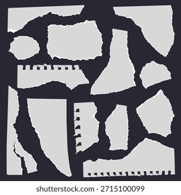 Conjunto de fragmentos irregulares de papel desgarrado con bordes ásperos. Formas de papel rasgado Abstractas adecuado para el diseño de collage, scrapbooking, carteles, Anuncios, maquetas y diseños creativos.