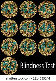 Set of Ishihara plates displaying numbers 41 to 50 using colored dot patterns to diagnose red green color blindness and color vision deficiency.