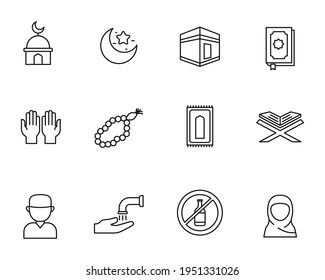 Set of islam and ramadan icon with black line style isolated on white background