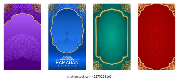 Set of Islamic Arabic Luxury Background with Golden Mandala pattern and Beautiful Frame Ornament for Ramadan Kareem and Eid Mubarak with Various Color in Vertical Dimension for Wallpaper and others.