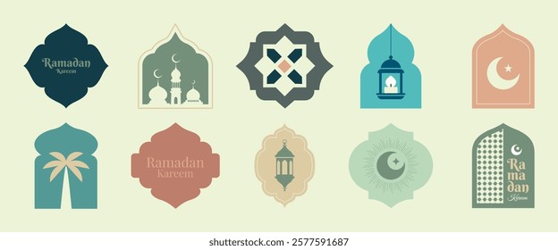 Set of Islamic Arabic old mosque windows, gate shapes, borders, frames in oriental style with mosque, lantern, crescent moon, star, palm tree, lamp, pattern, Ramadan Kareem Typography. Moroccan arc.