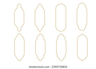 Setzen Sie den islamischen Bogen-Rahmen goldener minimaler Liniengrenze einzeln auf weißem Hintergrund. Boho goldene Muscheltür, Fensterdekoration.
