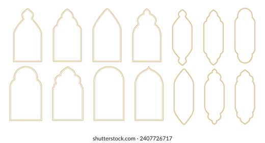 Set Islamic arch frame golden minimal line border isolated on white background. Boho gold muslim door, window decoration.