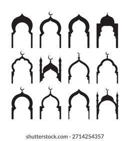 Un conjunto de arcos y cúpulas islámicas mostradas en un estilo de silueta negra atrevida y distintiva.