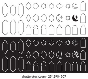 Conjunto de arcos islámicos, ventanas, puertas, luna, estrellas y marcos en forma de mezquita. Ilustración vectorial de borde blanco y negro.