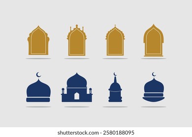 set of Islamic architecture elements, including mosque dome, minaret, and window designs. Perfect for Islamic-themed designs, Ramadan, Eid, and more.