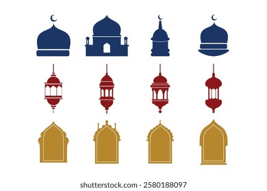 set of Islamic architecture elements, including mosque dome, minaret, and window designs. Perfect for Islamic-themed designs, Ramadan, Eid, and more.