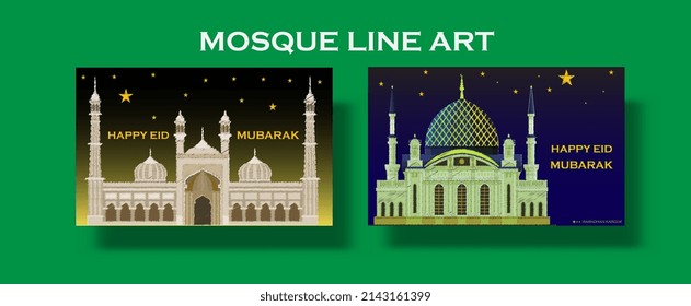 set of Islamic background greeting card templates, mosque design in line art style