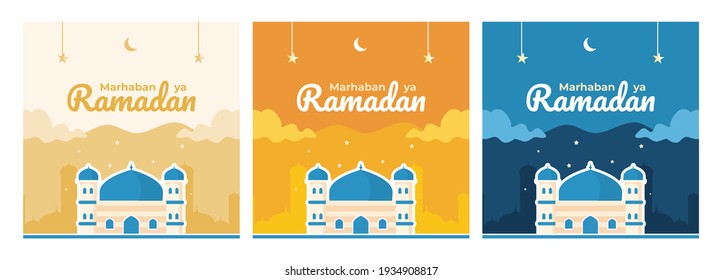 Set of islamic background marhaban ya ramadan templates with mosque flat design style. Square Banner with 3 color, navy, orange and cream.