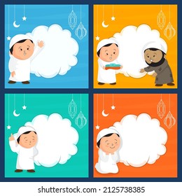 Eine Reihe islamischer Hintergründe, in denen der muslimische Mann betet, spendet und Platz für Textnachrichten gibt.