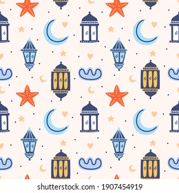 Set of Islamic background, suitable for ramadan or Eid al fitr with traditional lantern, star, half moon, mosque and clouds. Vector childish repeated cartoon character isolated on white background.