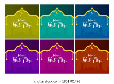 Conjunto de plantilla de fondo islámico, diseño de banner Selamat Idul Fitri con ornamentos ketupat en variación de 6 colores. Traducción Feliz Eid, Celebración del Día Islámico después del origen ramadán