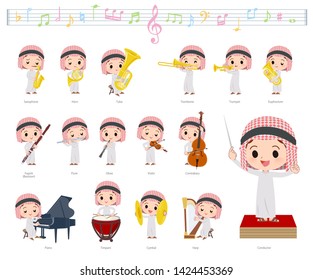 A set of Islamic boy on classical music performances.There are actions to play various instruments such as string instruments and wind instruments.It's vector art so it's easy to edit.
