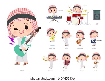 A set of Islamic boy playing rock 'n' roll and pop music.There are also various instruments such as ukulele and tambourine. vector art easy to edit.
