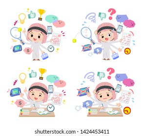 A set of Islamic boy who perform multitasking.There are things to do smoothly and a pattern that is in a panic.It's vector art so it's easy to edit.
