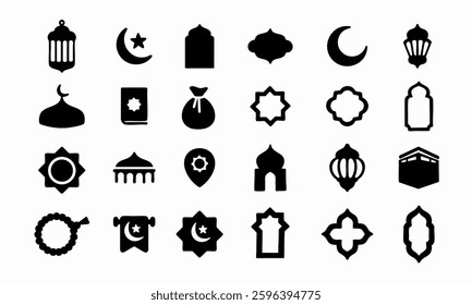 Set of islamic celebration icon. Black and white Vector Illustration