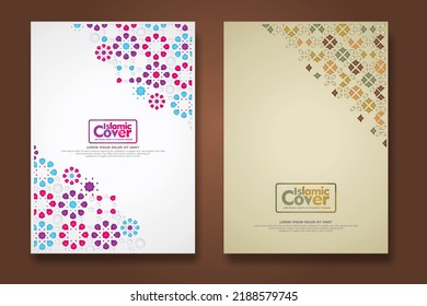 set Islamic cover background template with ornamental colorful detail of floral mosaic islamic art ornament.Vector illustration.