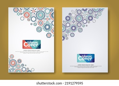 set Islamic cover background template with ornamental colorful detail of floral mosaic islamic art ornament.Vector illustration.