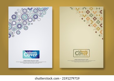 set Islamic cover background template with ornamental colorful detail of floral mosaic islamic art ornament.Vector illustration.