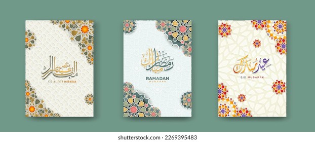 establecer la plantilla de fondo de portada islámica con caligrafía arábiga y detalle del adorno de arte islámico de mosaico floral, para el evento ramadan y el evento eid al fitr y otros usuarios.Ilustración vectorial.