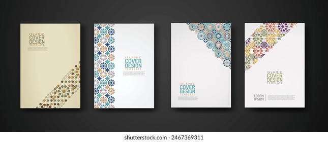 Conjunto de Plantilla de diseño de cubierta islámica con detalle colorido y textura de adorno de arte islámico de mosaico floral. Nueva colección.Ilustración vectorial para el diseño de elementos y otros usos.