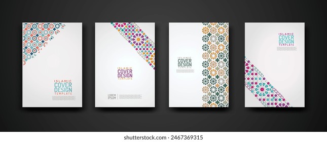 Conjunto de Plantilla de diseño de cubierta islámica con detalle colorido y textura de adorno de arte islámico de mosaico floral. Nueva colección.Ilustración vectorial para el diseño de elementos y otros usos.