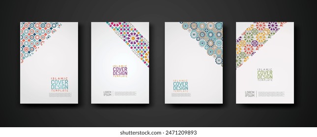 Conjunto de Plantilla de diseño de cubierta islámica con detalle colorido y textura de adorno de arte islámico de mosaico floral. Nueva colección.Ilustración vectorial para el diseño de elementos y otros usos.